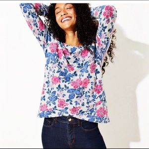 NEW LOFT GRAY & PINK FLORAL CROSSOVER HEM TOP SZ S